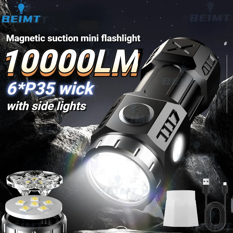 High Quality 4/6/8*P35 LED Flashlight Super Bright Torch Rechargeable USB Light Waterproof with CAP CLIP for Hiking Camping