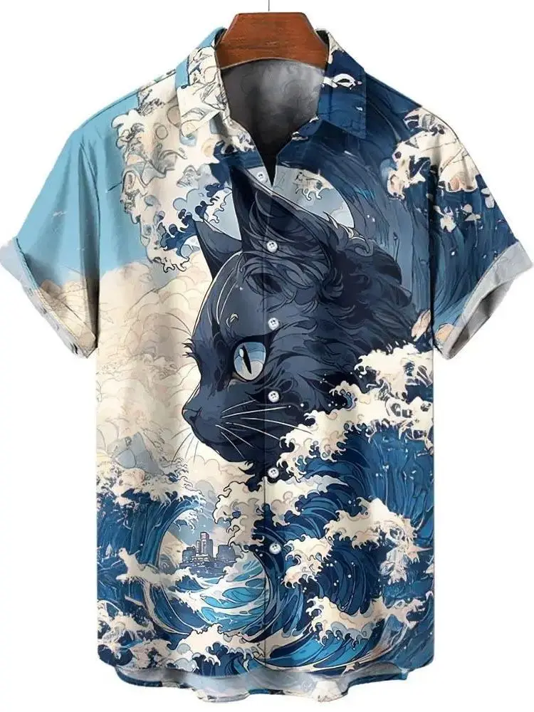 Men's Printed Collar Single-Breasted Shirt Fashion Urban Style Polyester Fiber Short Sleeve Casual Shirt Flip-Collar Design