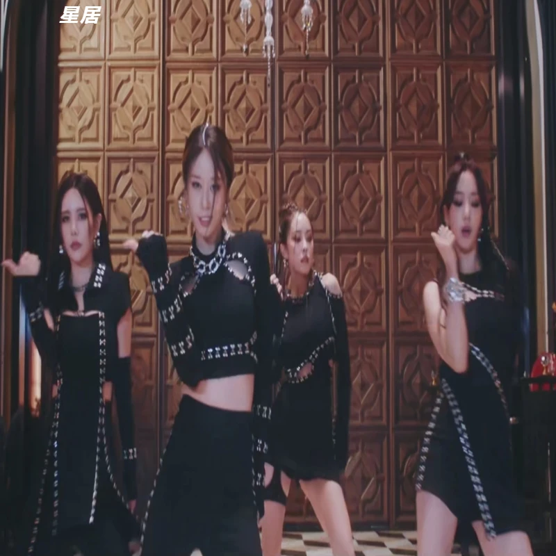 Nuovo Kpop Coreano Jazz Dance Outfit Donna Gruppo Pantaloni a vita alta sexy Concerto Palcoscenico Dancewear Discoteca Slim Manica lunga Crop Top