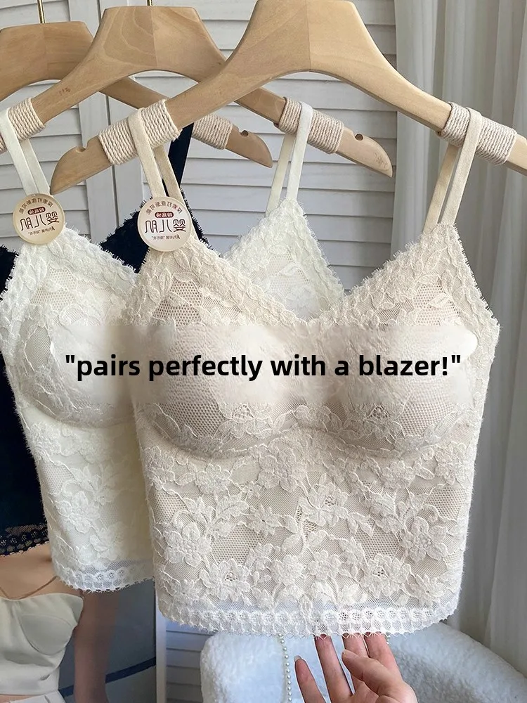 Lace Trim Fleece Vest Women's Slim Fit Bralette Strapless Bra Integrated Sexy Underwear Short Sleeve Thermal Wear Home Leisure