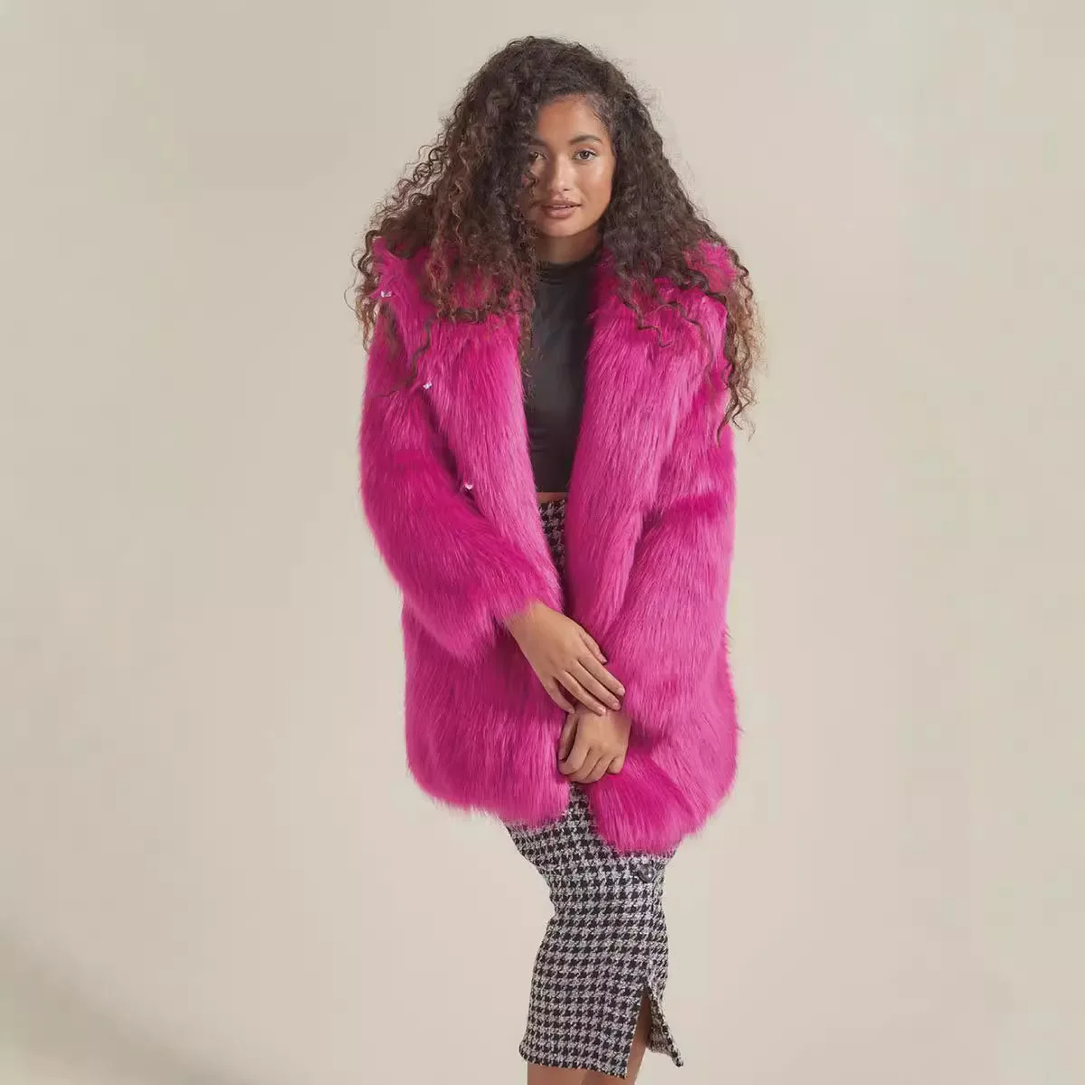 

2025 Winter Rosered Women Mink Fur Jacket Plush Ear Hooded Single Breasted Lady Eco Fur Coat Mid Length Warm Lady Faux Fur Coat