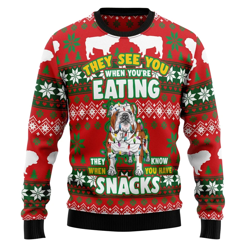 3D Print Merry Christmas Bulldog Pattern Vintage Retro Winter Ugly Sweater Men Women Harajuku Pullover Casual Funny Long Sleeves
