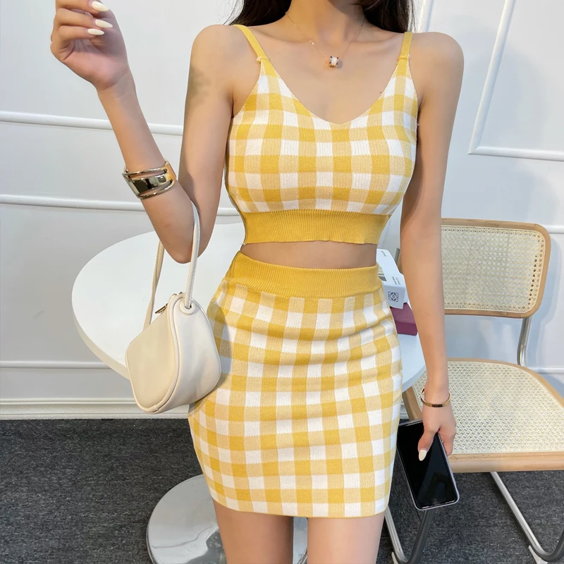 2022 Knitted Summer Women Sexy Sweater Skirt Suit Y2K Fashion Lattice Vest Crop Tops And Sexy A-line skirt Dress Two Piece Sets