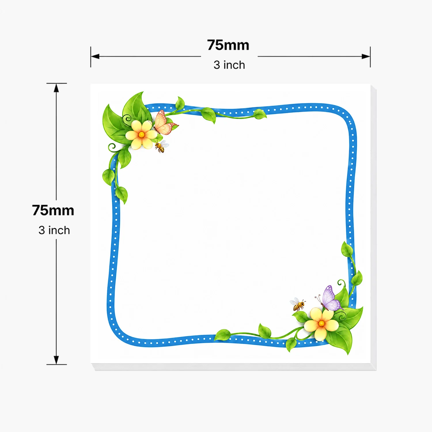 2PCS Floral Sticky Notes 100 Sheets Blue Dotted Border Yellow Flowers Butterflies Bees Memo Pads for Office School Stationery