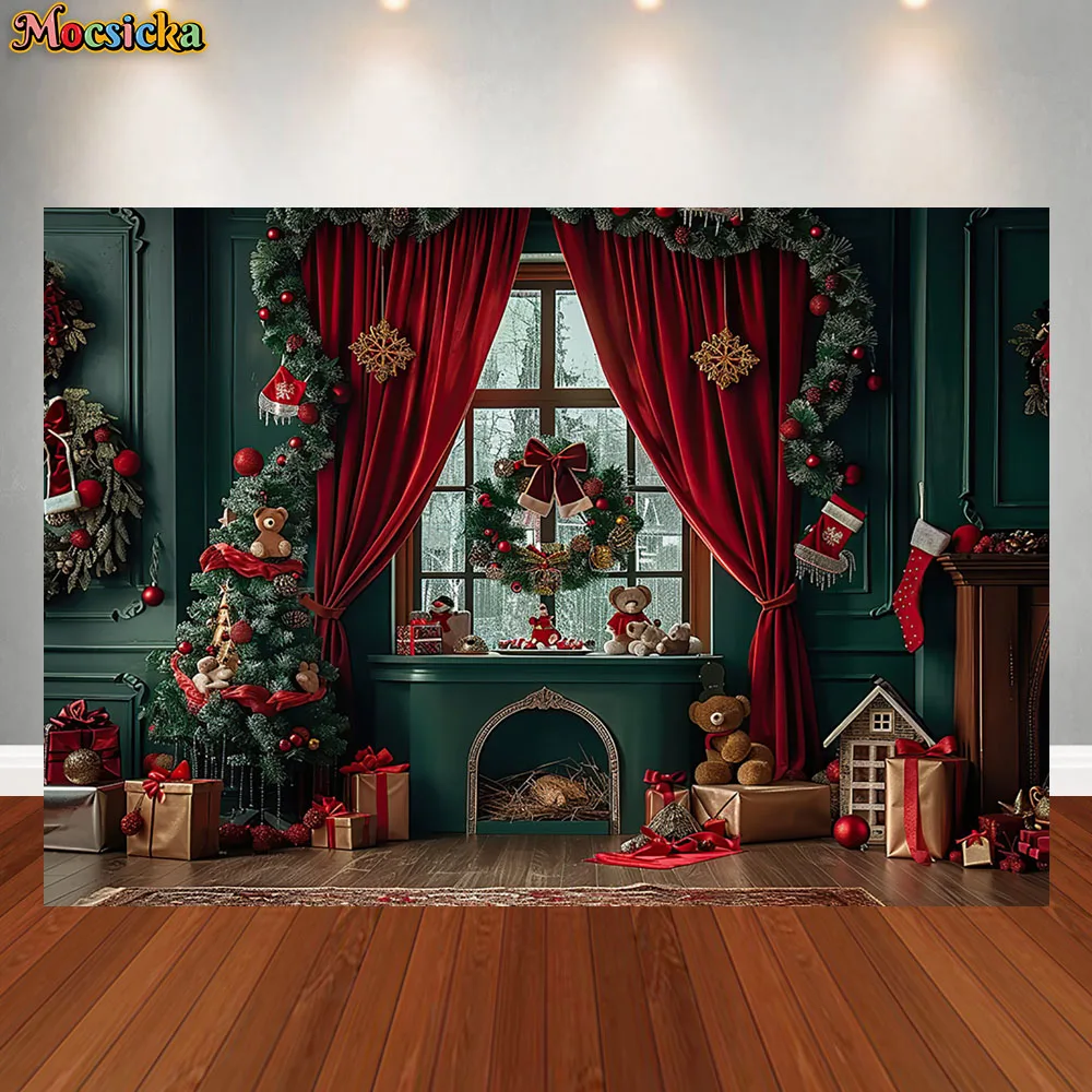 Christmas Room Photography Background Xmas Tree Gifts Windows Holiday Decoration Supplies Kids Portrait Backdrop Studio Props