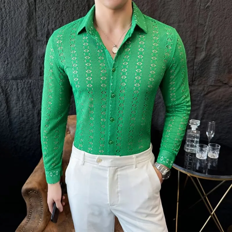 Sexy Hollow Out Shirt Men Fashion Long Sleeve Shirts Nightclub Stage Performance Costumes Casual Social Tuxedo Streetwear Blouse