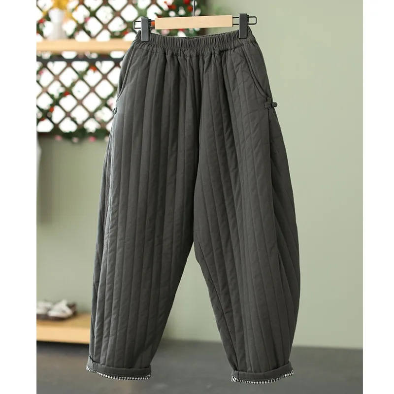 Thiened Cotton Autumn Winter Pants for Women Vintage Button Harlan Trousers plus Size Warm Long Pants High Waist Lantern Pants