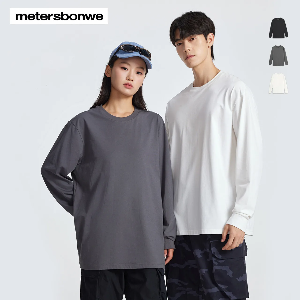 

Metersbonwe-Men Women's Solid Color Long Sleeve T-Shirts Round Neck Loose Casual Tees Youth Trend Couple Autumn New