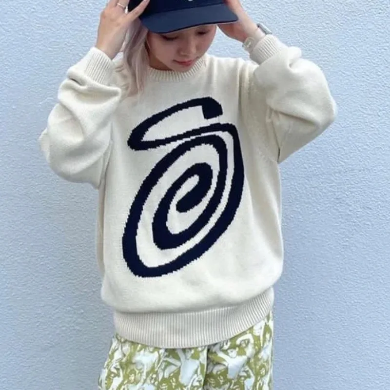 Y2k Millennium Wind Mosquito Coil Pattern Printed Pattern Round Neck Loose Sweater Street Style Knitted Sweater Top For Women