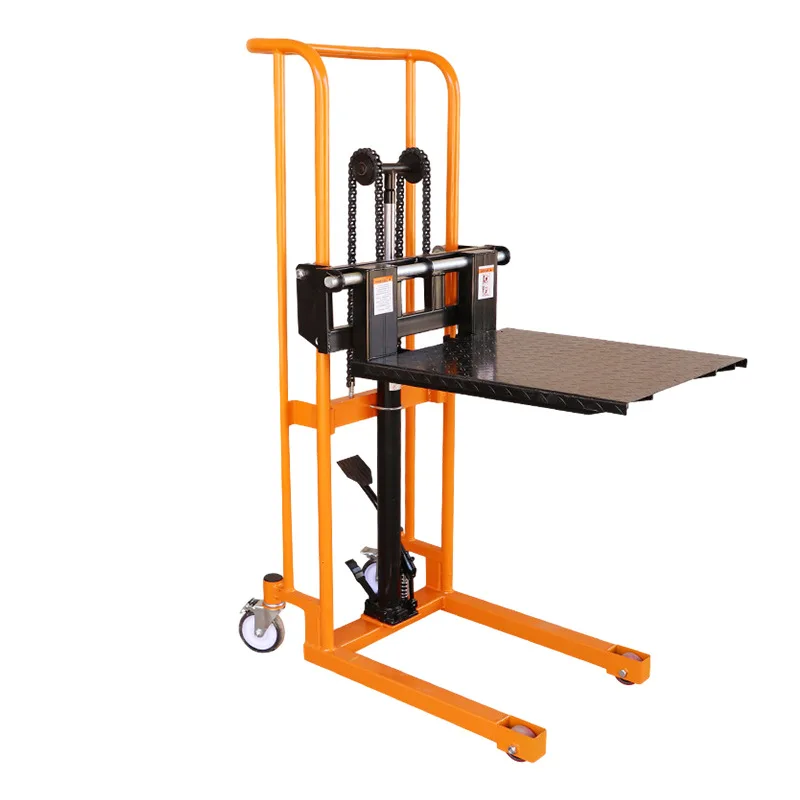 

Manual hydraulic forklift, portable stacker, load 400 kg and 1.2 meters hydraulic handling stacker