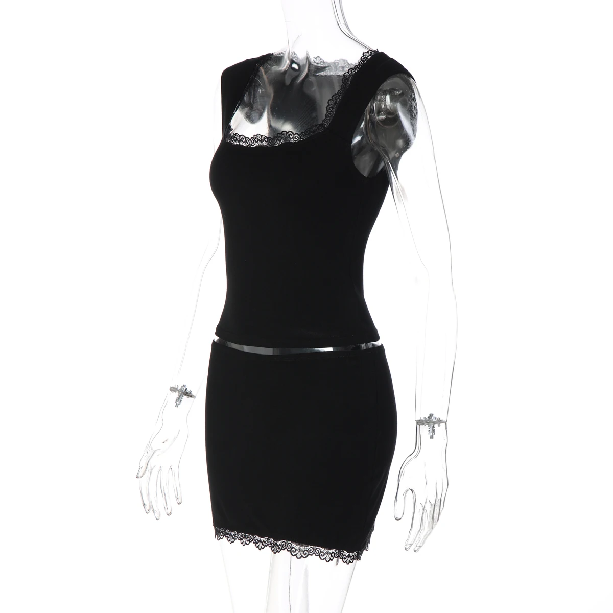 Hugcitar Fashion 2-teiliges Set, schwarz, quadratischer Kragen, Patchwork-Spitze, sexy Crop-Tank-Top, Rock, Sommer-Outfits für Damen, Streetwear, Club – Detail 3