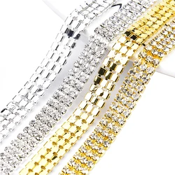 1 Yard 3 Rows Sew On Rhinestones Chain Flatback Gold and Silver Base Shiny Crystals Stones Glass Beads Sewing Rhinestones Chain