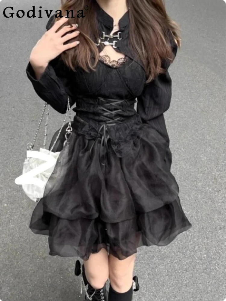 

Christmas Lace-up Sexy Belt Chest Pad Suspender Top Sweet High Waist A-line Princess Short Skirt Long Sleeve Chinese Blouse Sets