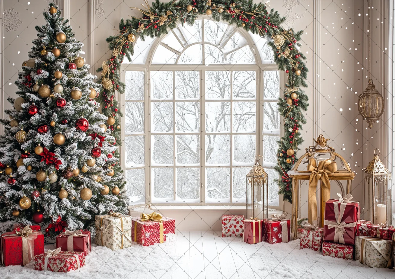 Arched Window Christmas Backdrop Pine Garland Red Gold Bauble Pine Tree Vintage Golden Lantern Mixed Gift Box Snow Background