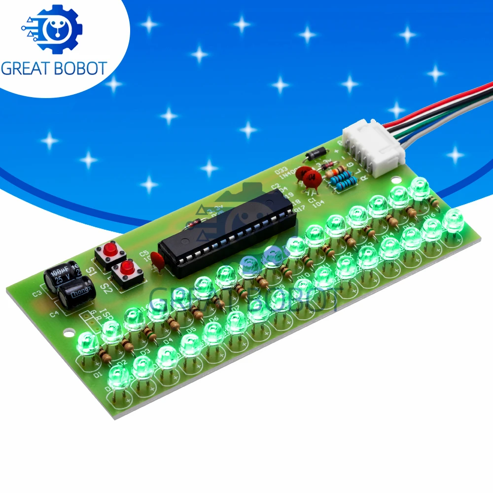 Medidor VU de canal duplo de 16 LED controlado por MCU: indicador de nível de áudio verde (padrões ajustáveis, 8-12 V CC, compatível com amplificador)