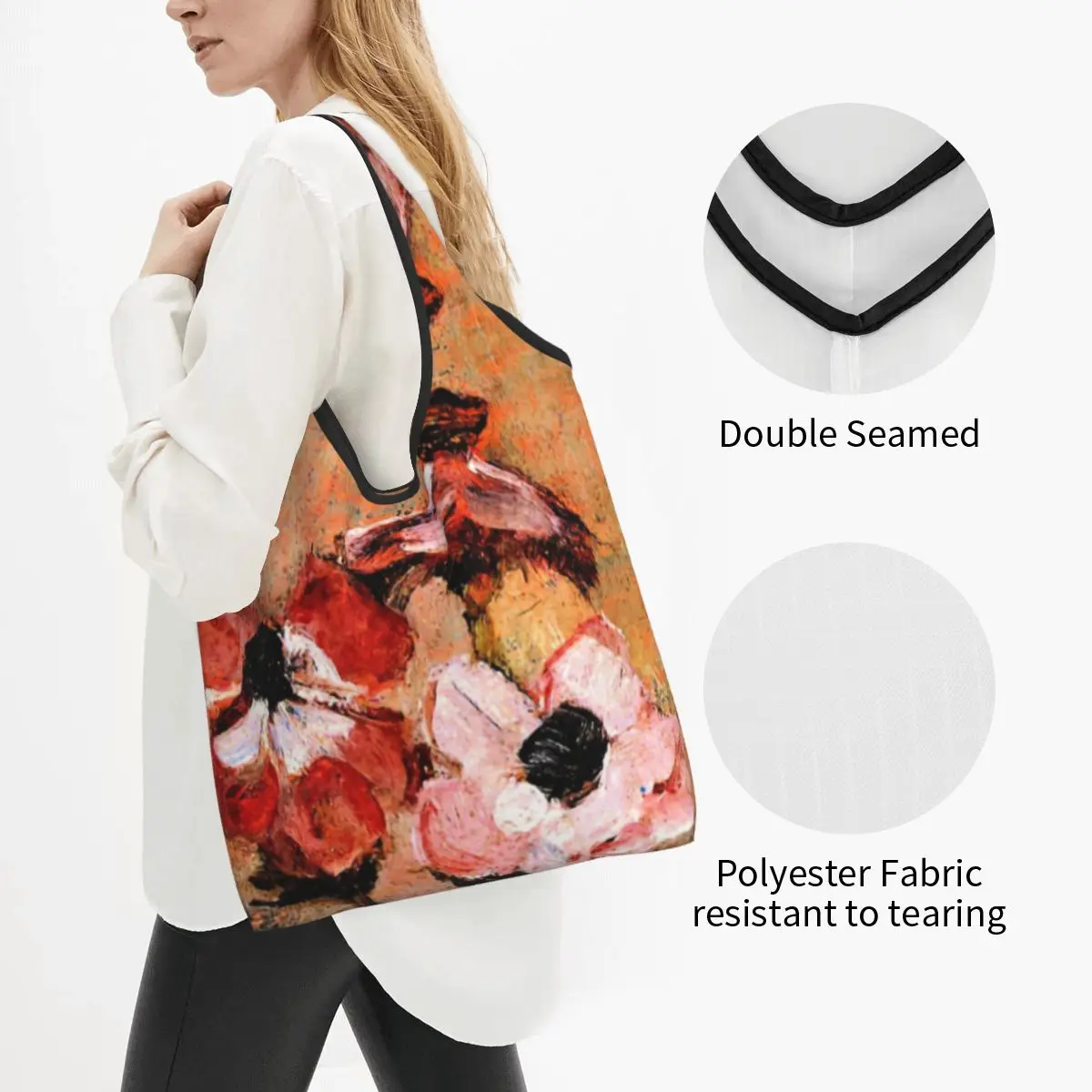 Fashion Print Piet Mondrian Abstract Art Tote Shopping Bags Portable Shoulder Shopper Anemones in a Vase Handbag