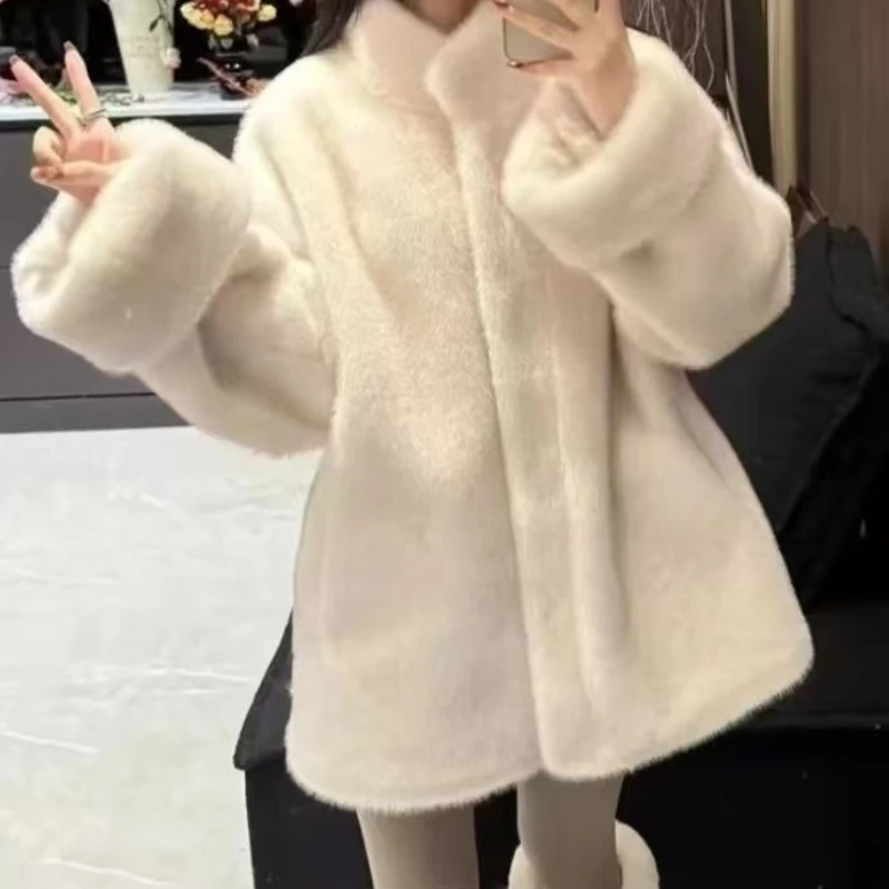 Fur Stand-up Collar Jacket New Winter Medium and Long Long Loose Imitation Mink Elbow Sleeves