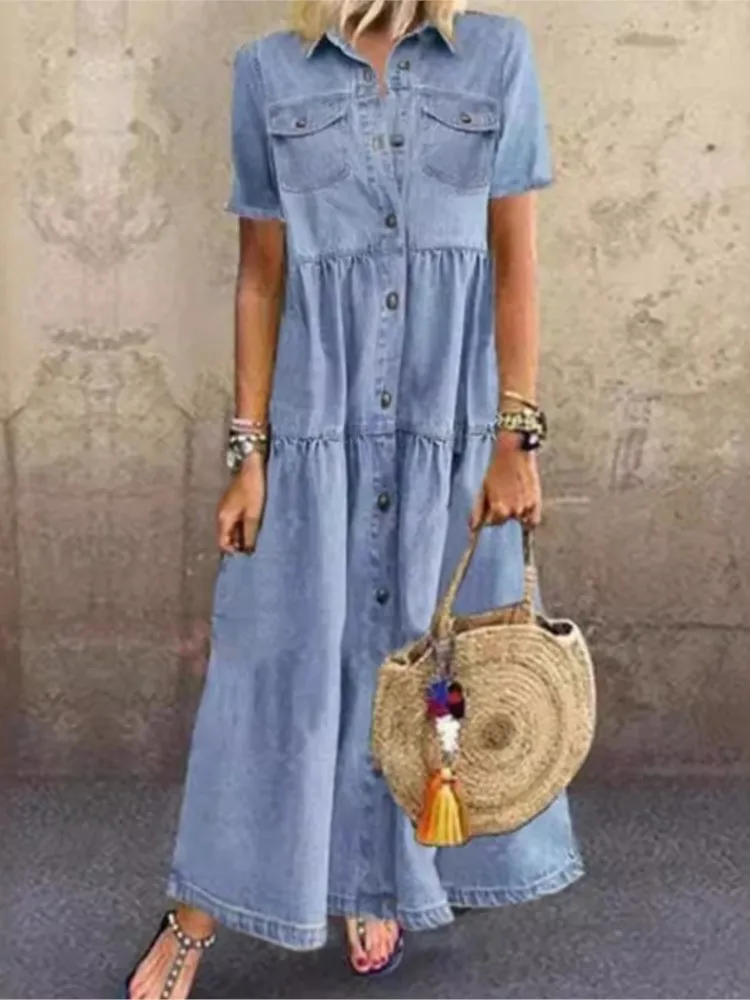 

2024 Women's Spring Summer New Fashionable Cowboy Style Long Style Single Row Multi Button Vintage Short Sleeve Collar Dress