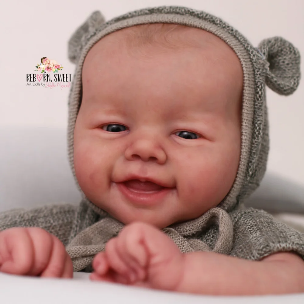 18 Zoll Blanko-Vinyl-Reborn-Puppen-Kit Emmy mit Lächelndem Gesicht, Neugeborenen-Puppenformen, Unbemalte Puppenteile mit Stoffkörper und Blauen Augen