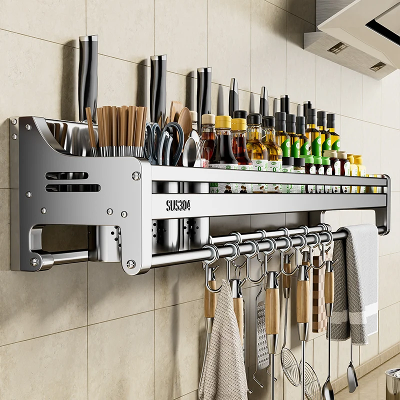 

304 stainless steel kitchen rack non-punching wall-mounted household knife holder flavor material collection multi-functional ad