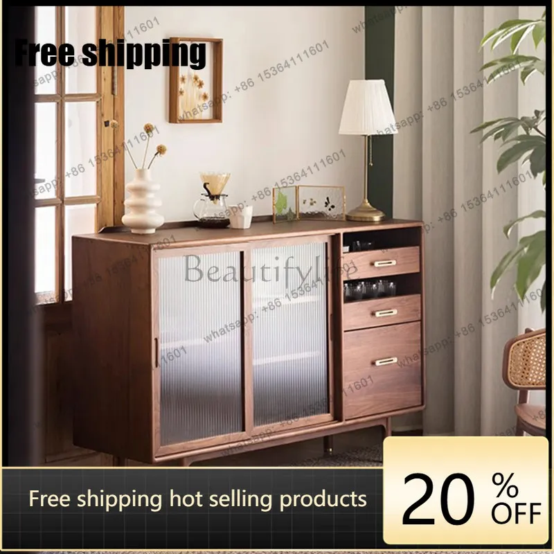 LSpolehome medieval dining side cabinet, black walnut solid wood storage against the wall, integrated tea cabinet