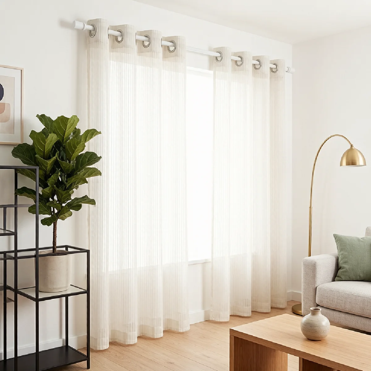Cream Vertical Stripe Sheer Curtains Set of 2 Eyelet Grommet Voile Window Drape For Bedroom Living Room Decor