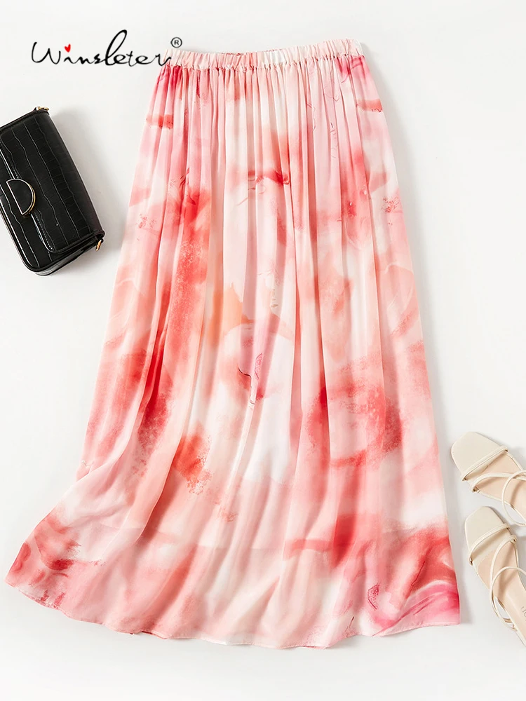 Winsleter-100%Silk Elegant Skirts, Elastic Waist Printed, Women Temperament Commute Party A-line Skirt, 2026 Spring New B61306CC