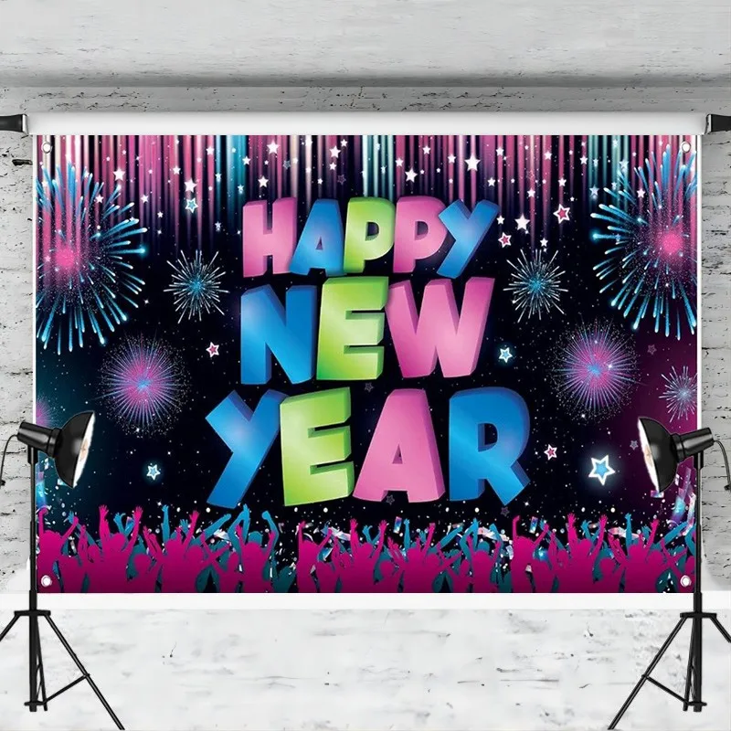 Neon Happy New Backdrop Banner Supplies Colorful Firework Dancing Background for Photography Party Decorations Photo Booth Props