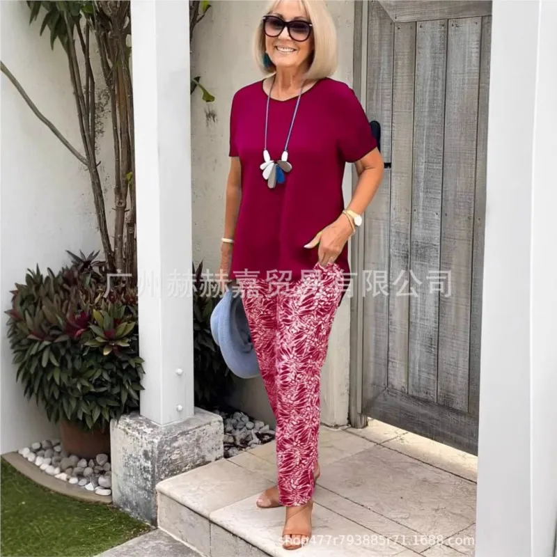 Moda elegante conjunto de duas peças para mulher 2025 cor sólida em torno do pescoço manga curta camiseta + calças impressas terno roupas de verão