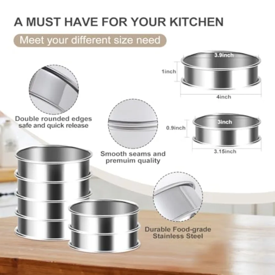 8 Stuks Crumpet Ringen 4 En 3.15 Ihes Anti-aanbak Engelse Muffin Ringen Rvs Dubbelgerolde Taart Ring Ronde Metalen gebak Rin