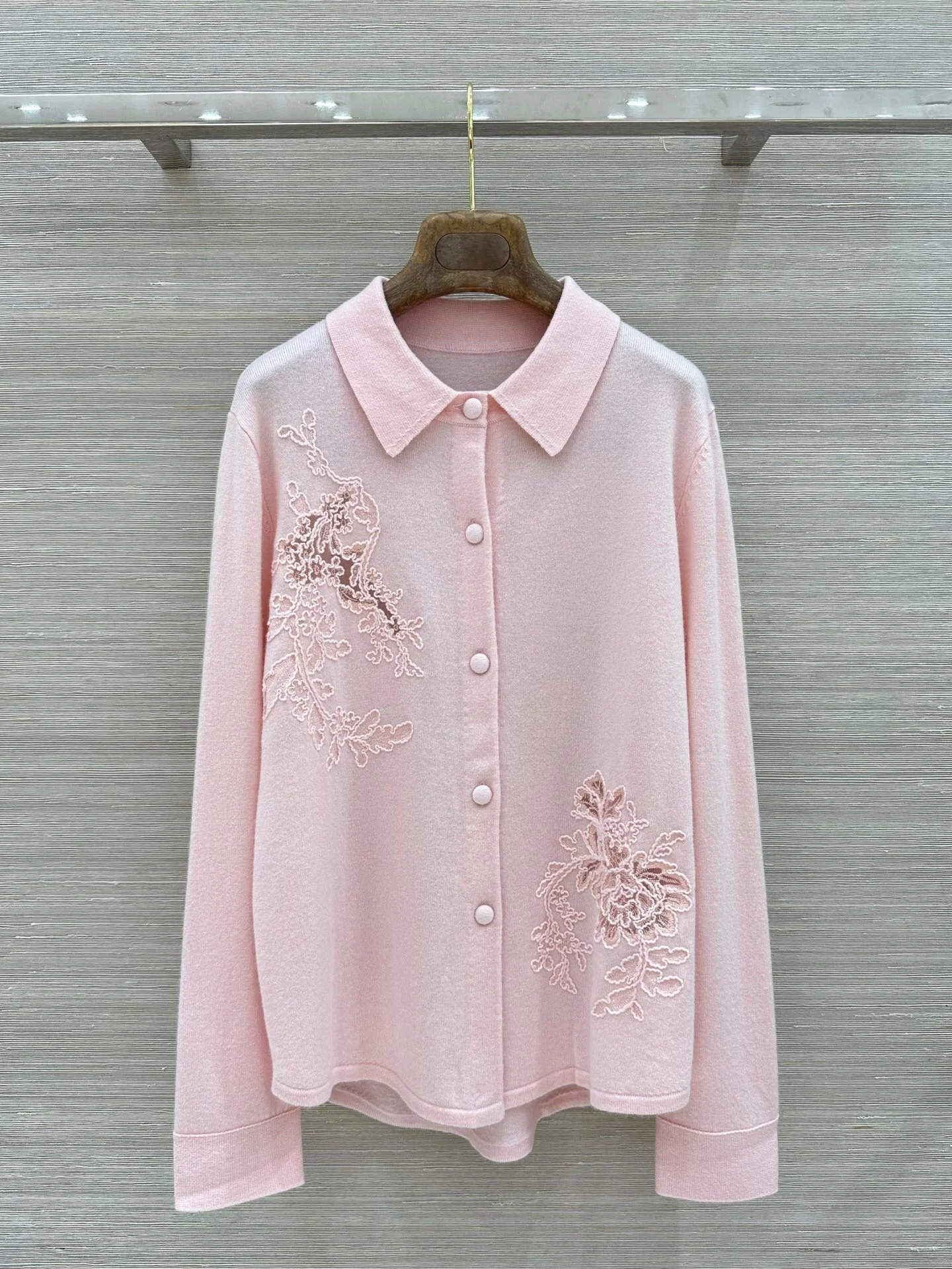 Couture 70% Wool 30% Cashmere Knit Cardigan Women Floral Embroidered Turn-Down Collar Luxury Soft Gray Pink Sweater
