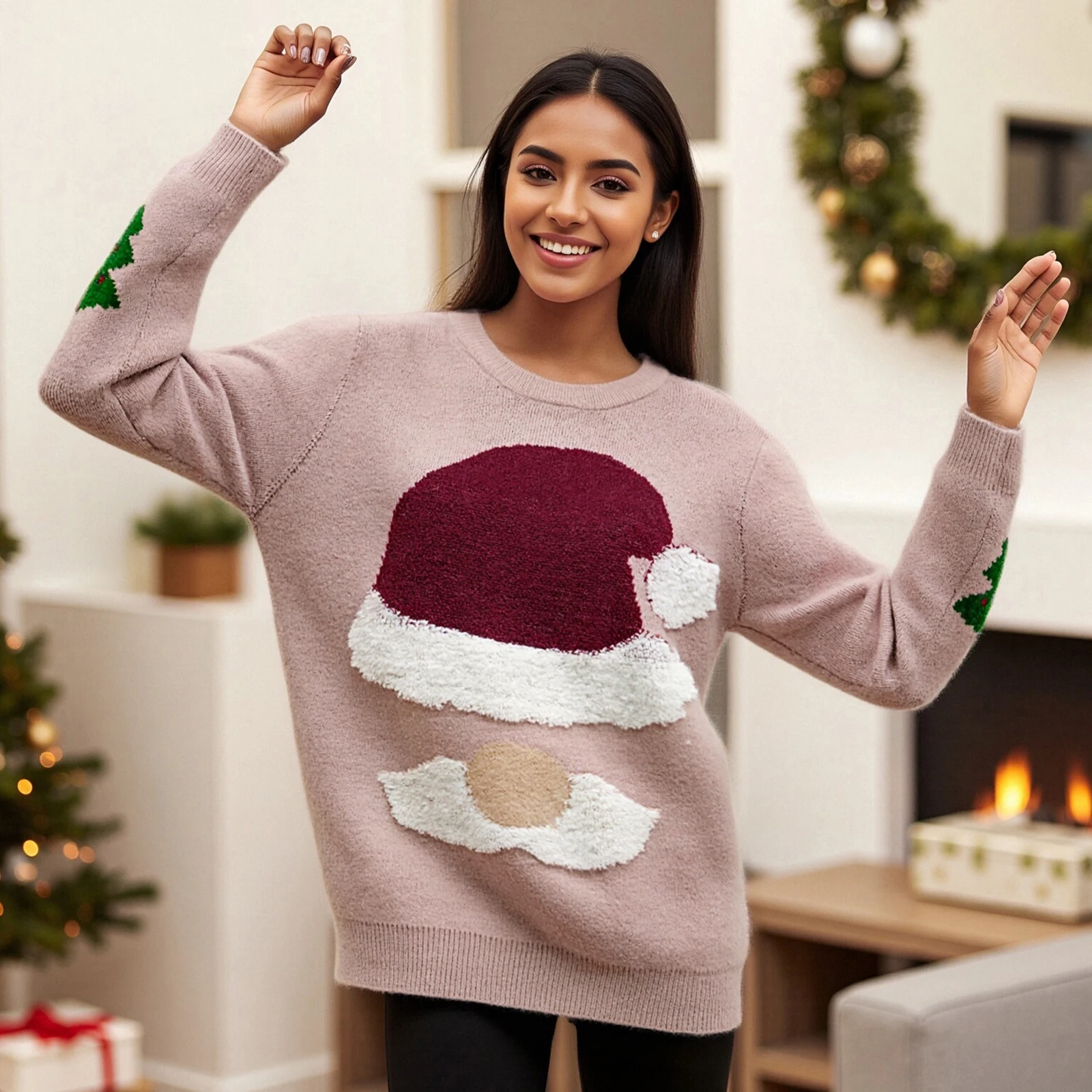 Women's Christmas Loose Sweater Cute Santa Hat Tree Pattern Long Sleeve Round Neck Knitwear Fall Winter Pullover Tops