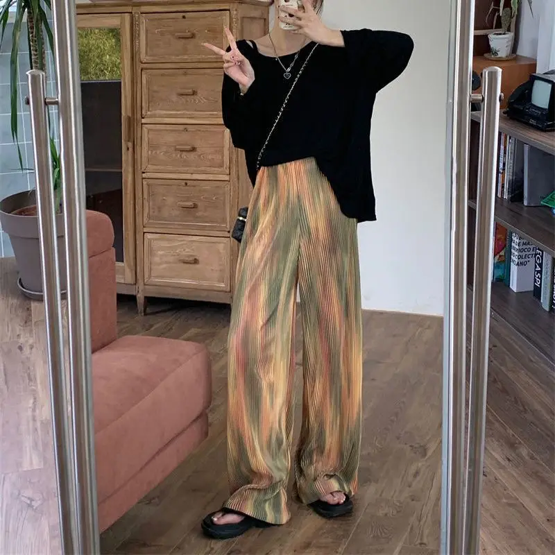 Vintage Dyed Wide-leg Pants Women's Pleated Style New High-waisted Striped Straight-leg Pants Casual All-match Mopping Pants