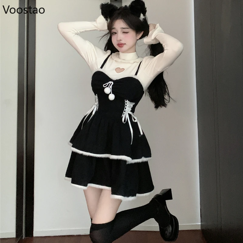 

Sweet Y2k Lolita Dress Set Women Cute Hollow Out Blouse Tops Plush Patchwork Bandage Corduroy Mini Dress Suit Korean 2 Piece Set