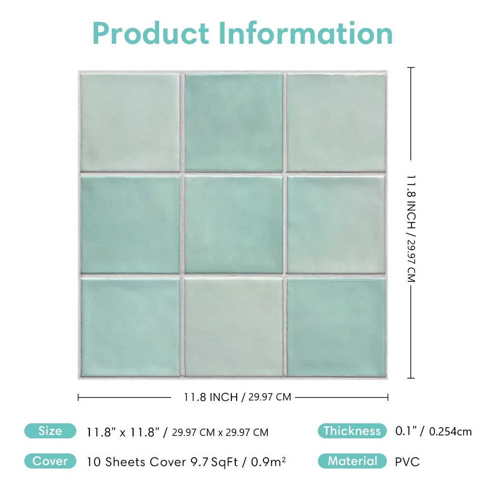 3D Tile Stickers, Self-adhesive Green Tile Backsplash for Kitchen Bathroom, Waterproof, Matt, 30 x 30cm, Interior Wall Decor