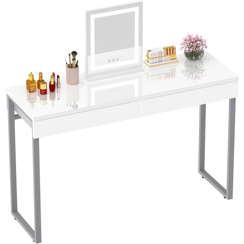 

Vanity Desk 2 Drawers Glossy White 47 inch Modern Office Writing Desk Makeup Dressing Table with Metal Silver Legs for Bedroom