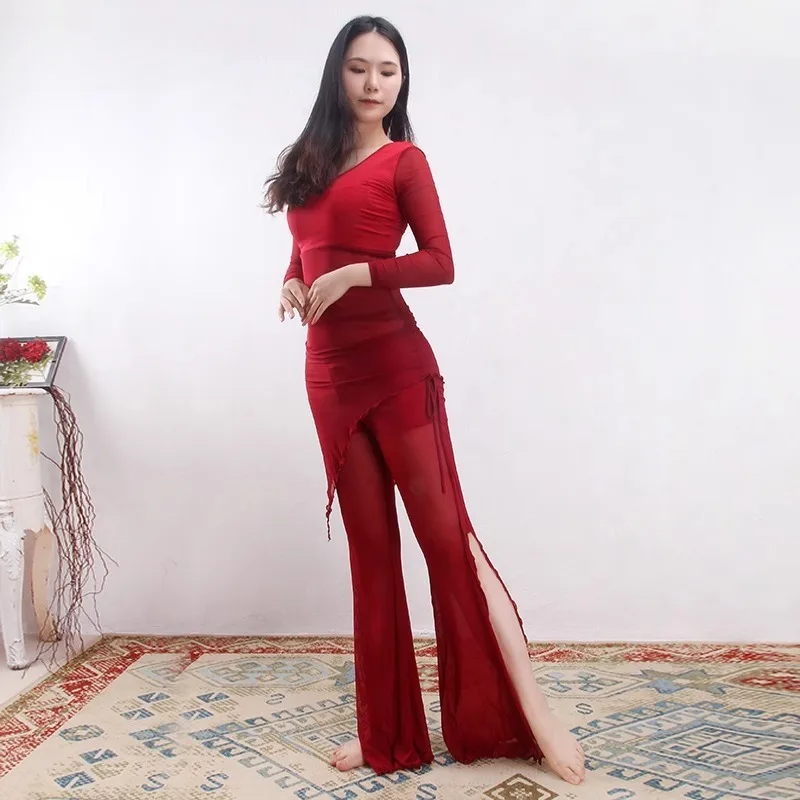 Dostosowane stroje do tańca brzucha Sukienka treningowa 2025 Seksowny zestaw do tańca z siateczki dla dorosłych Początkujący Kobieta Tanie ubrania Top i spodnie