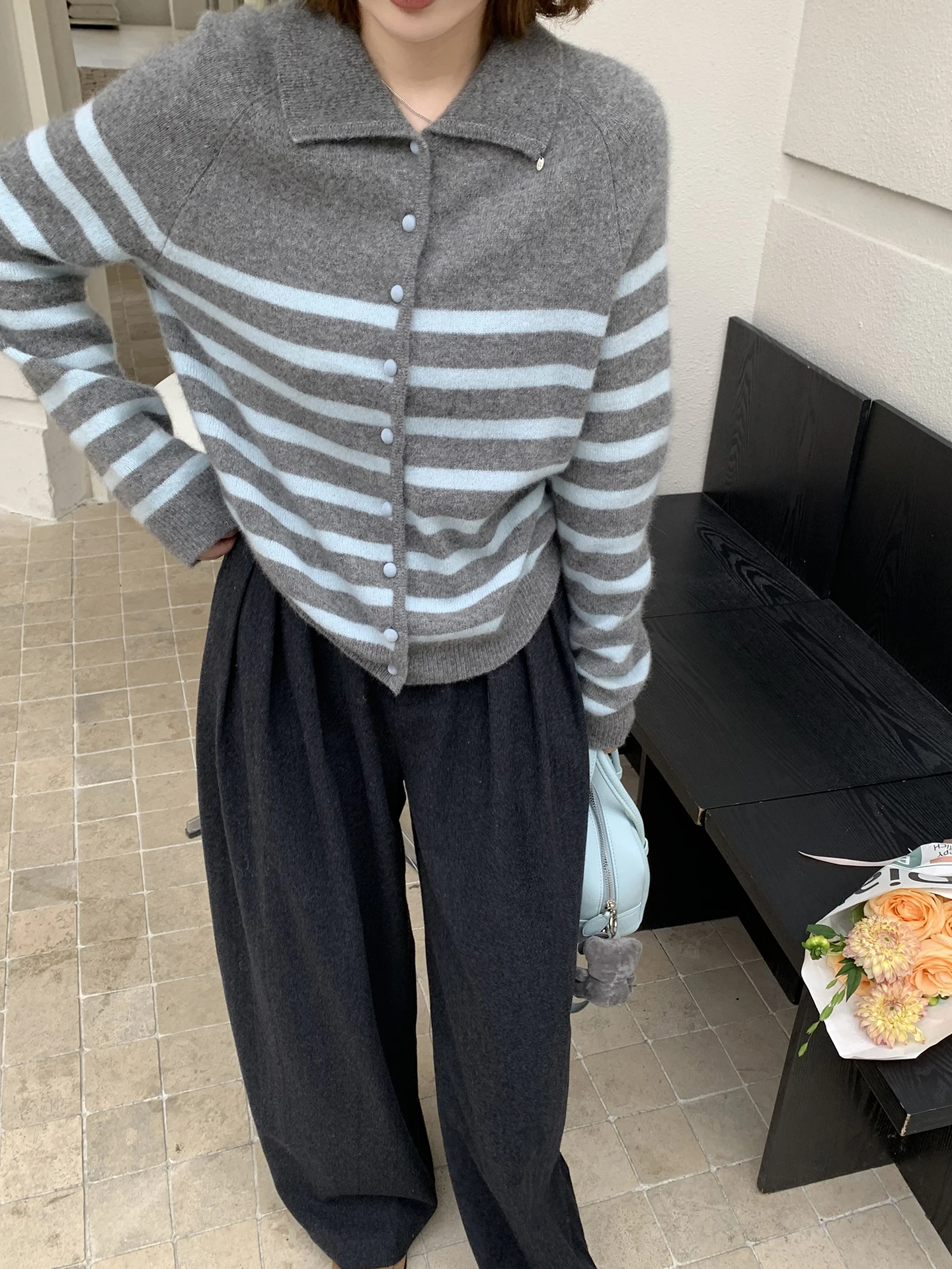 

ELINSU Vintage Striped Knitted Open Cardigan Women's Autumn Winter Loose Casual Versatile Sweater Bear Velvet Jaet