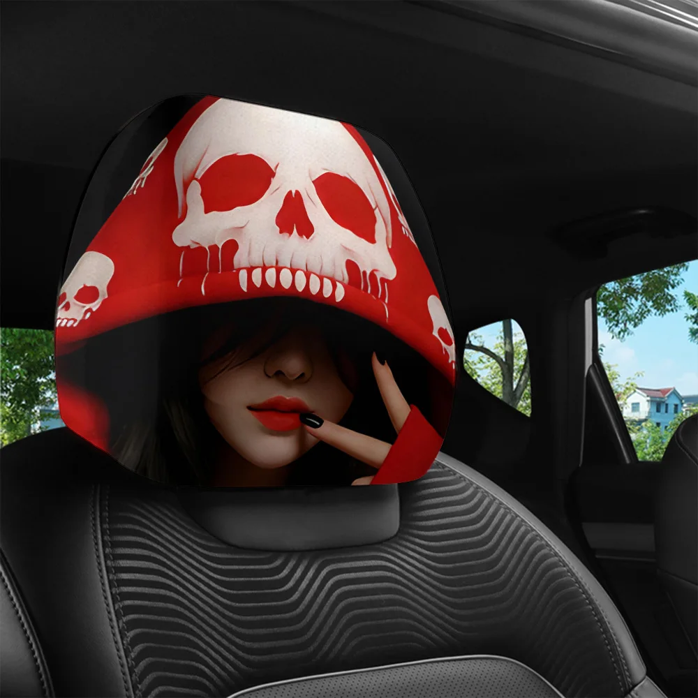 Skull Print Headrest Cover, 2-Piece Set, Christmas & Halloween Fun Car Decor, Universal Car Headrest Cover