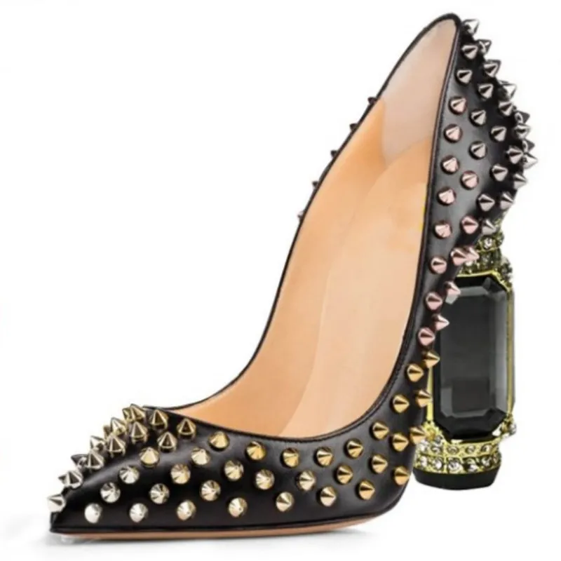 

SHOFOO Sexy women's high heels. Black leather, studded shoes. About10.5cm heel height. Crystal heel. Shallow mouth shoes.34-46