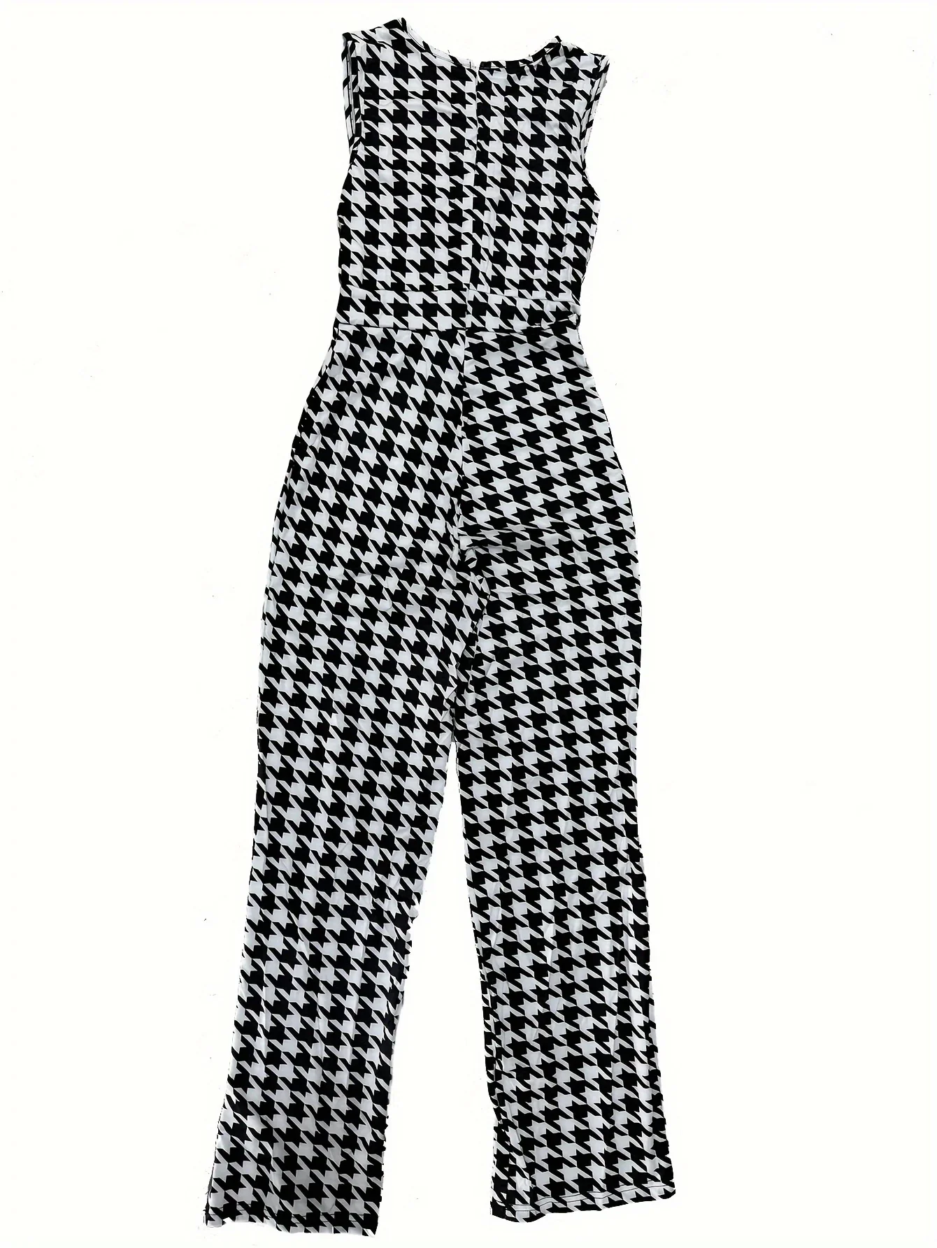 Womens Sexy V-neck Sleeveless Houndstooth High Waist Belted Jumpsuit Clubwear Rompers