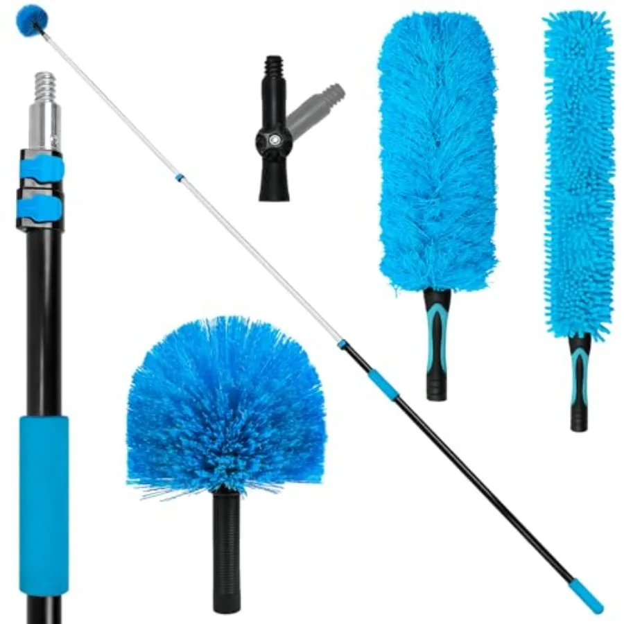 20FT High Ceiling Fan Duster with 5-12FT Extension Pole Extendable Reusable Cobweb and Bendable Feather Duster Kit for Cleaning