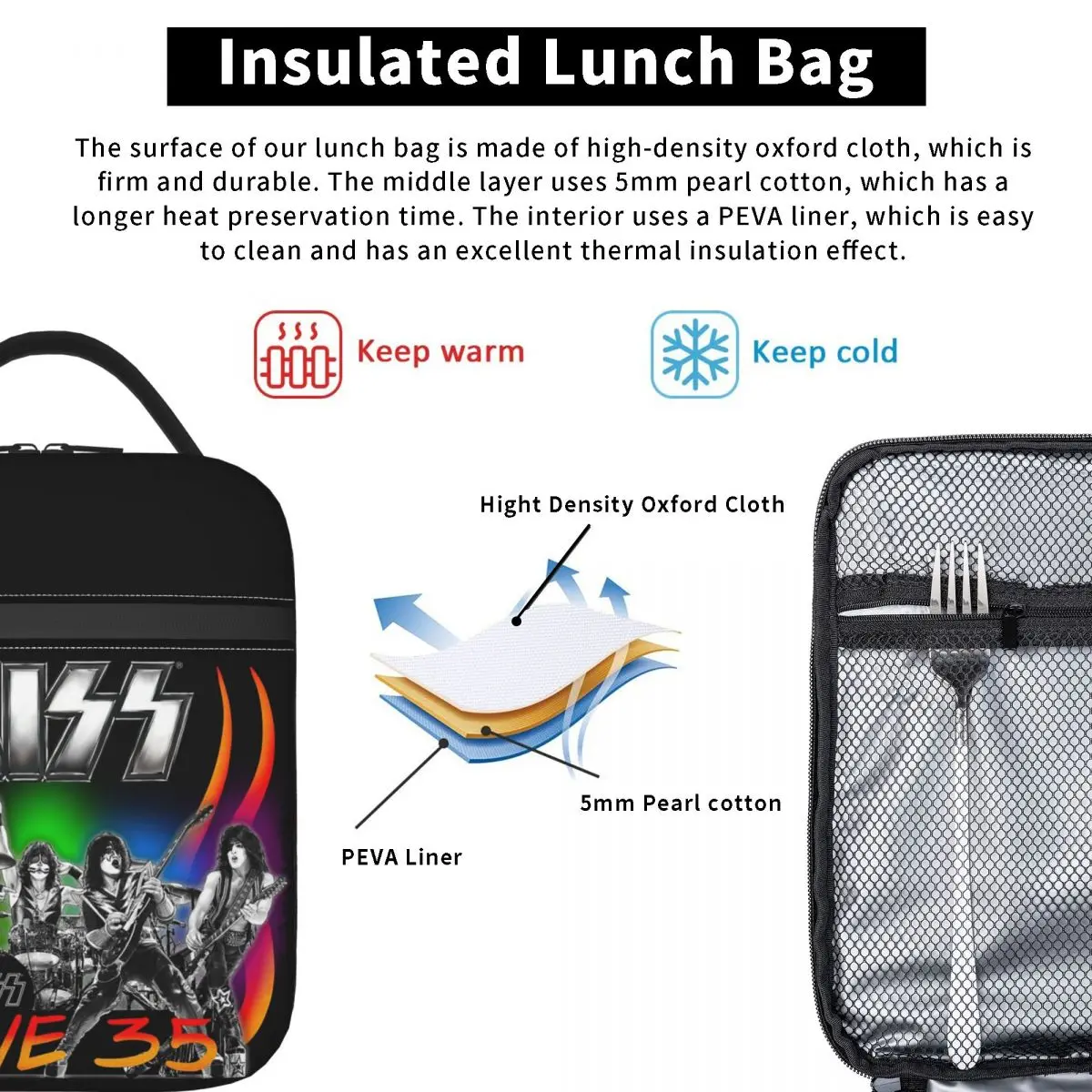 Heavy Metal Rock Music Band Kiss Insulated Lunch Bag for Women Children Portable Food Boxes Thermal Lunch Box Tote