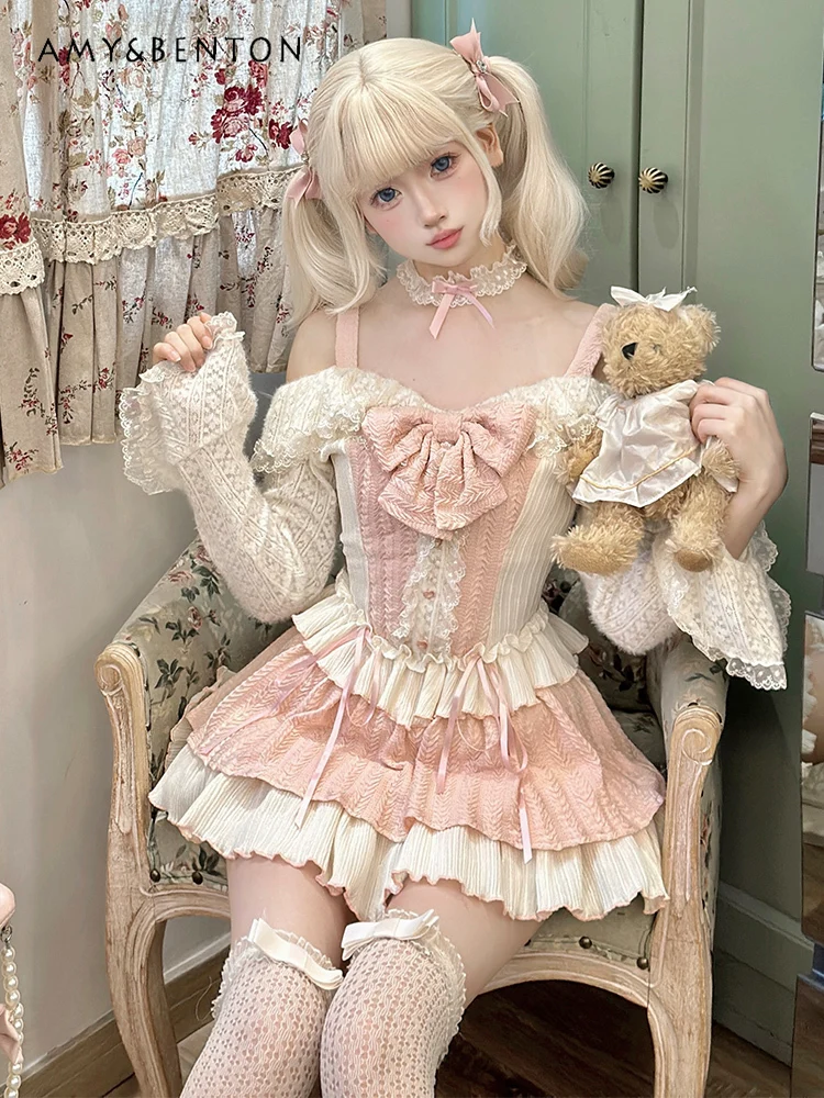 Spring New Pink Sweet Bowknot Off-Shoulder Long Sleeve Blouse Hot Girl Princess Cake Skirt Two-Piece Sets Cute Lolita Outfits