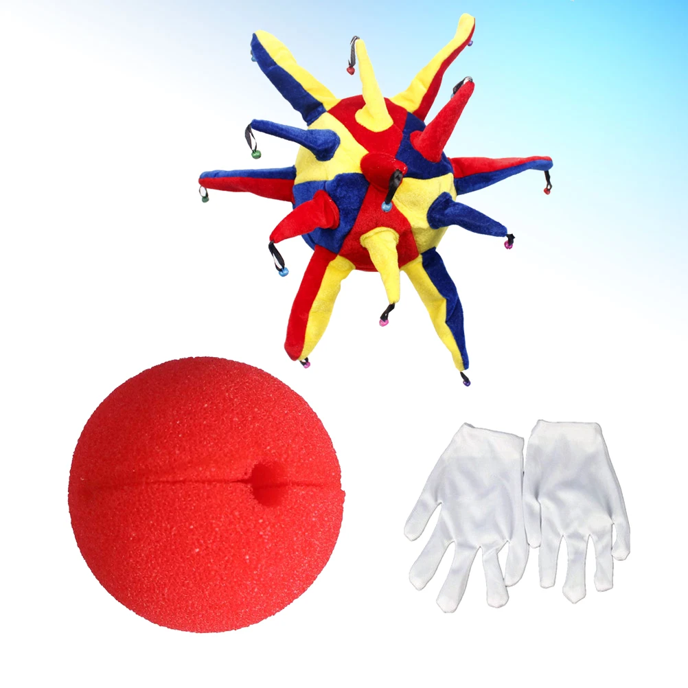 

3pcs Clown Suit Colorful Prints Cosplay Party Dress Costume Accessories Sponge Nose White Gloves Realistic Face Mask Circus