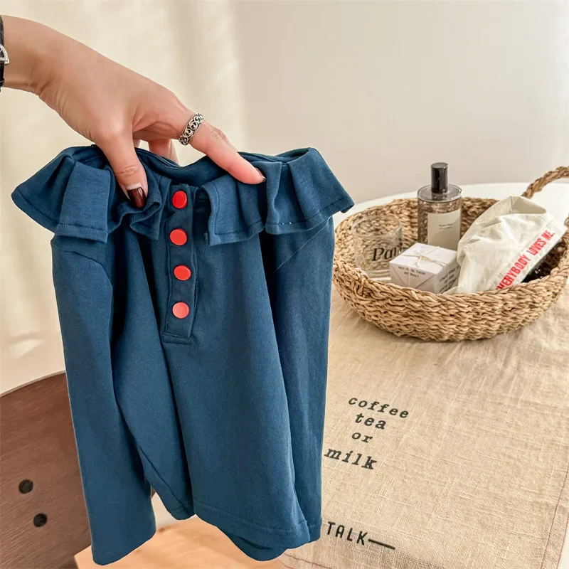 

Korean Version Girls' Base Shirt Contrasting Buttons Casual Cotton Clothes New Autumn Girls' Lace Collar Long Sleeved T-shirt