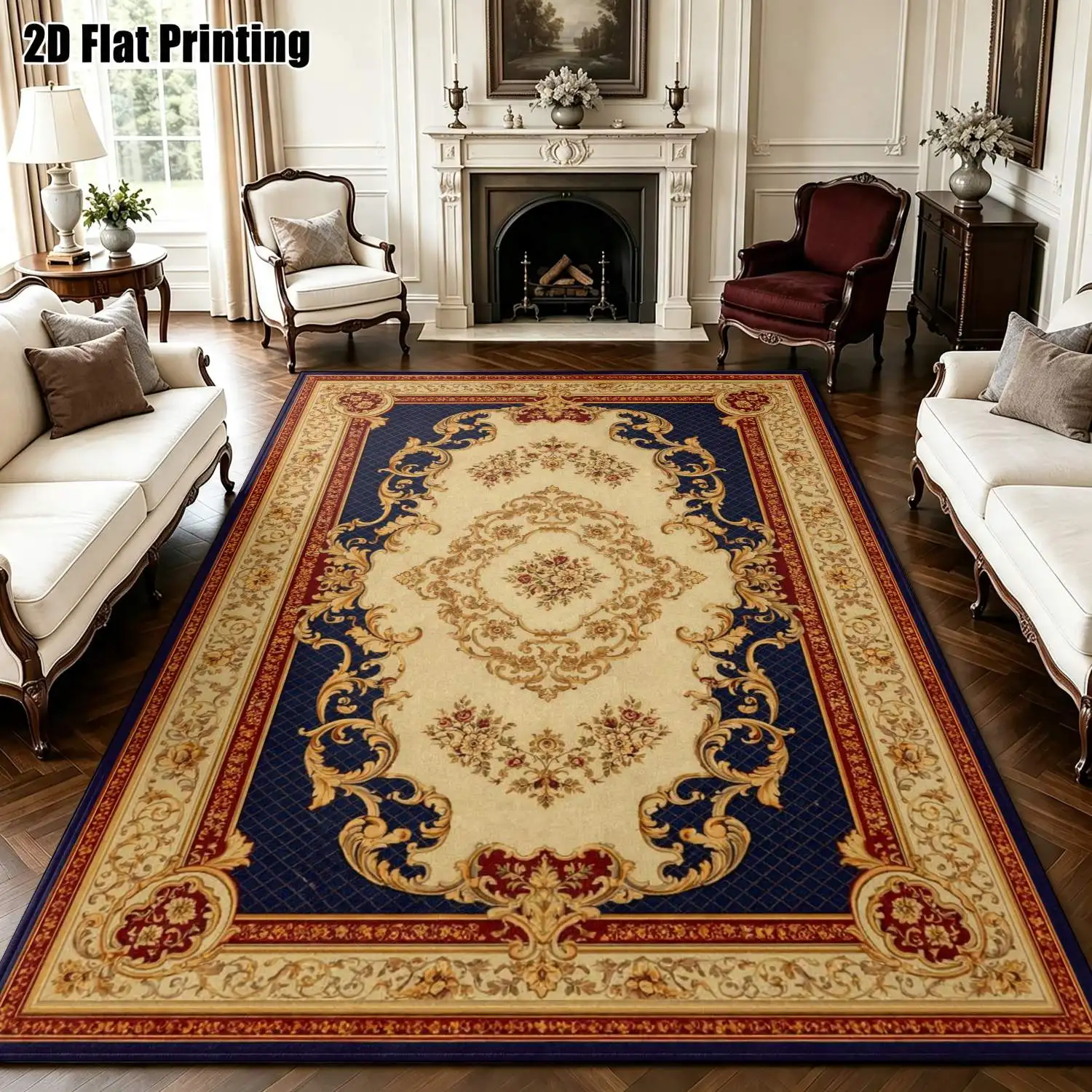 1Pc 2D Printed Carpet: Beige & Dark Blue Retro Patterns European Style, Retro, Geometric, Bohemian Rugs. Home Decor, Multi-Size, Machine Washable. For Entrance, Dining Room, Foyer, Bedroom, Living Room.