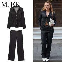 MUJER 2025 Denim Women's Pants Sets Button up Shirt Two Piece Outfits Woman High Waist Women's Trousers Suits Spring Lady Sets