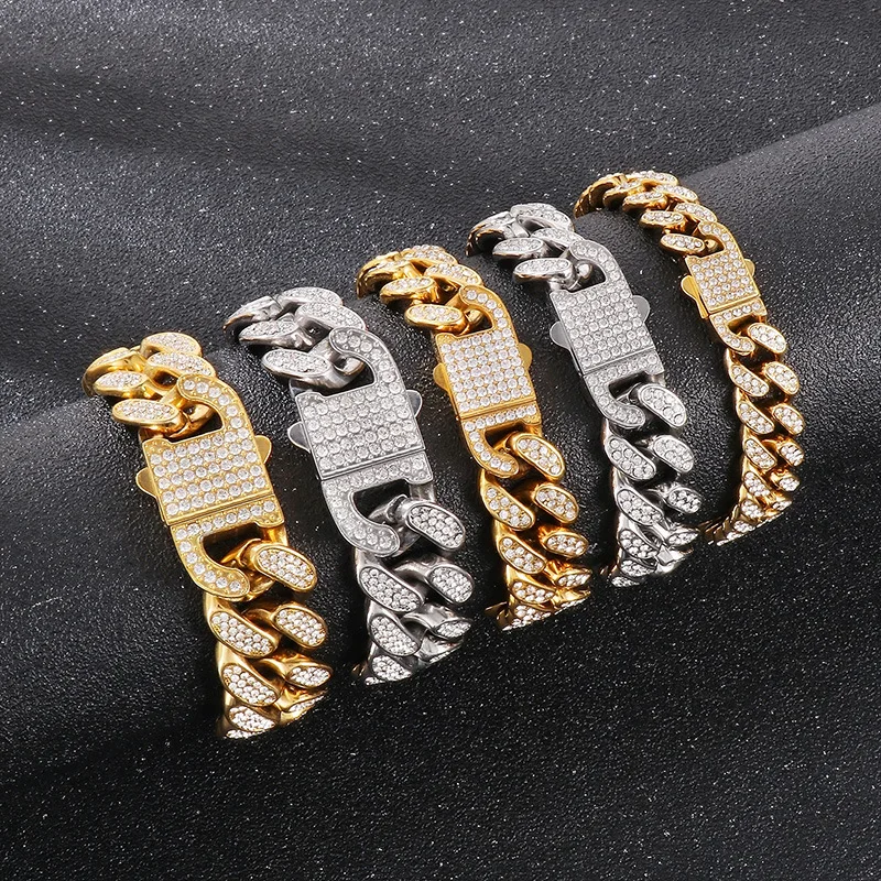 

14/18MM Punk Gold Color Curb Cuban Chain Bracelet Necklace Men Women Hiphop Stainless Steel CZ Zircon Biker Bike Bangle Jewelry