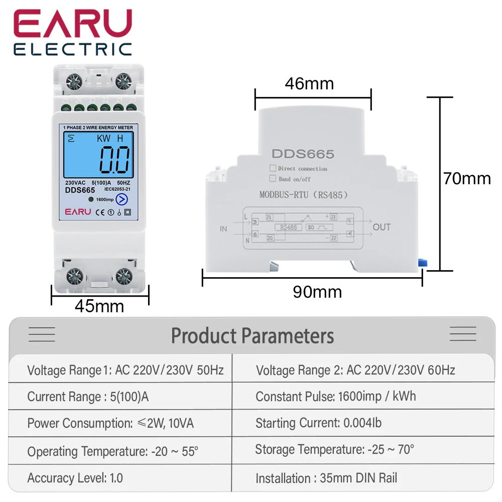 Multifunction 230V 100A Bi-Directional Energy Meter Reset Zero Kwh Solar PV Power Voltage Current Frequency RS485 Communication